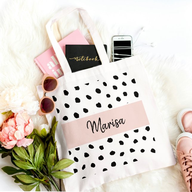 Tote Bag Nom du monogramme moderne | Points rose et noir Pa (Créateur téléchargé)