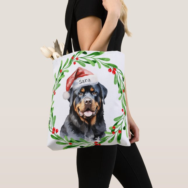 Tote Bag Nom du monogramme personnalisé de Noël Rottweiler (De près)