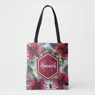 Tote Bag Nom du monogramme personnalisé Poinsettia rouge