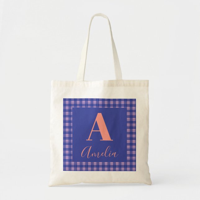 Tote Bag Nom du monogramme Plaid Purple Rose (Devant)