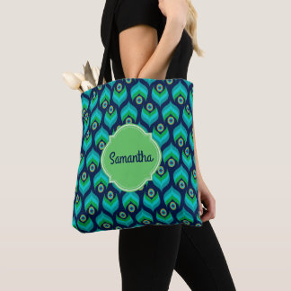Tote Bag Nom du Motif de plume de paon moderne