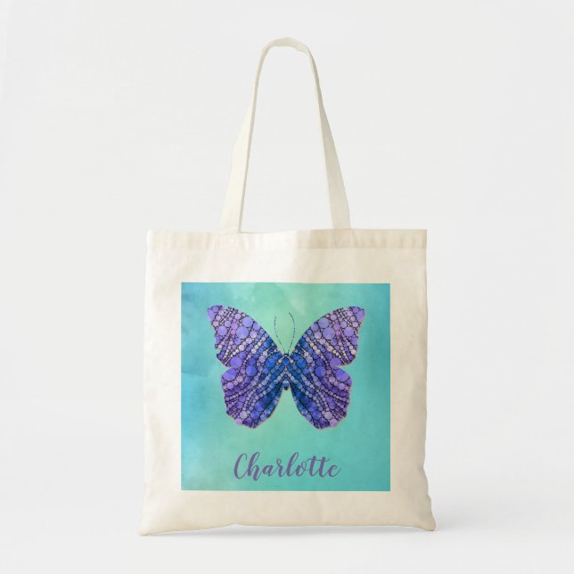 Tote Bag Nom du papillon bleu et violet Monogramme (Devant)