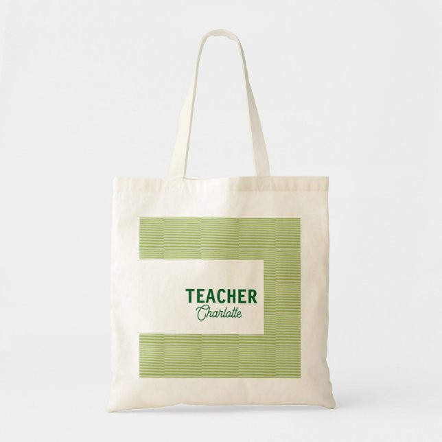 Tote Bag Nom du professeur de bandes vert citron blanc c (Devant)