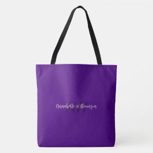 Tote Bag Nom du script chic & Monogram Solid Indigo Purple