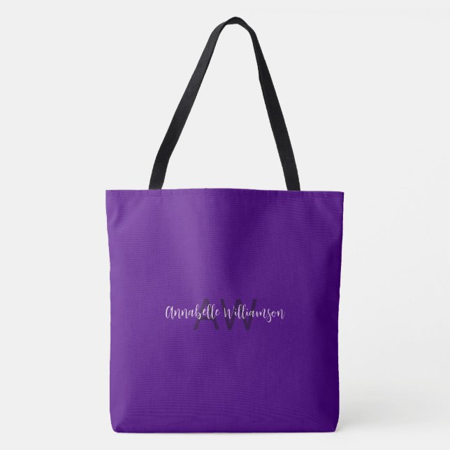 Tote Bag Nom du script chic & Monogram Solid Indigo Purple (Devant)