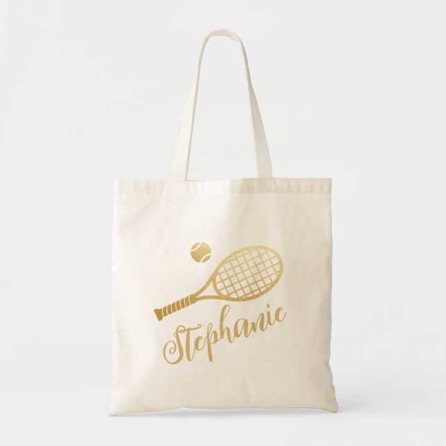 Tote Bag Nom du script d'or de tennis personnalisé (Devant)