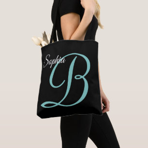 Tote Bag Nom du script et monogramme sur fond noir