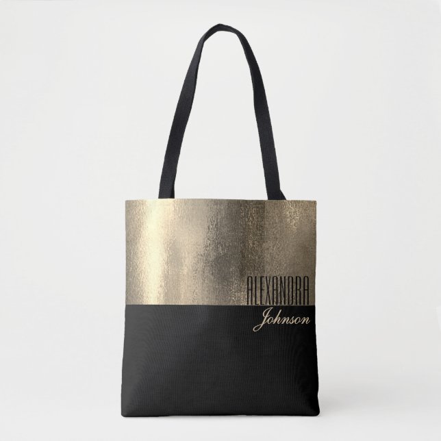 Tote Bag Nom Élégant Or Noir (Devant)