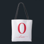Tote Bag Nom en écriture Monogram Personnalisé Blanc et Rou<br><div class="desc">Ce monogramme élégant et cette conception de nom en script élégant peuvent être offerts en cadeau pour un anniversaire,  un mariage,  une douche de mariée ou toute autre occasion. Il peut être personnalisé avec l'initiale et le nom de la personne.</div>
