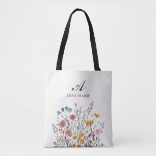 Tote Bag Nom en monogramme Fleur sauvage Bohème Chic