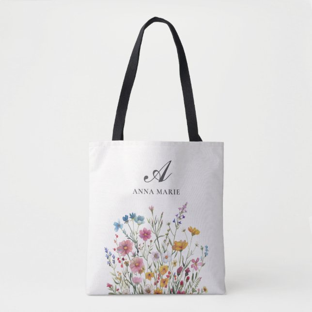 Tote Bag Nom en monogramme Fleur sauvage Bohème Chic (Devant)