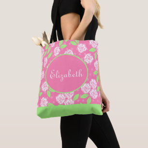 Tote Bag Nom en monogramme Rose Vert Floral Shabby Chic