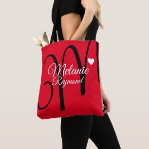 Tote Bag nom et coeur d'amour initial rouge