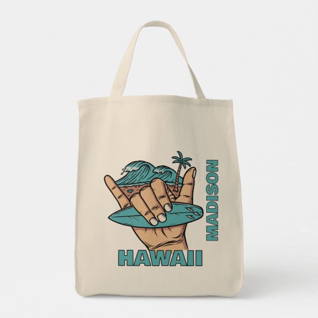 Tote Bag Nom et emplacement personnalisés Surf Shaka (Dos)