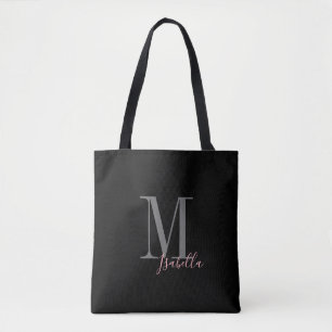 Tote Bag Nom et monogramme noir simple personnalisé