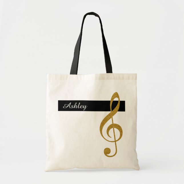 Tote Bag nom et musique de clef dorée treble (Devant)