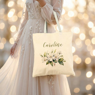 Tote Bag Nom Fleur de Pommier Élégante à l'Aquarelle Blanch