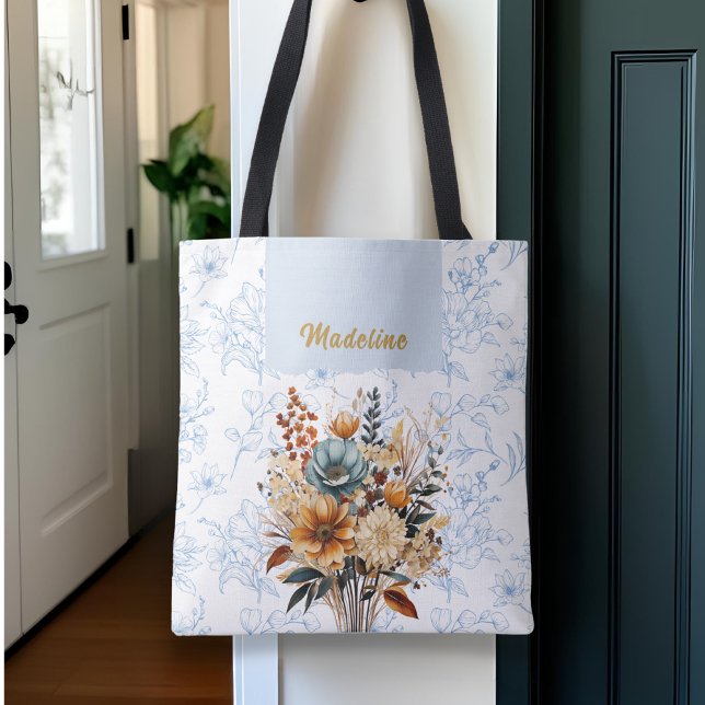 Tote Bag Nom floral bleu élégant (Créateur téléchargé)