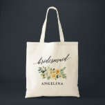 Tote Bag Nom floral jaune de demoiselle d'honneur de<br><div class="desc">Calligraphie élégante moderne,  sac fourre-tout floral blanc jaune à nom de demoiselle d'honneur d'aquarelle</div>