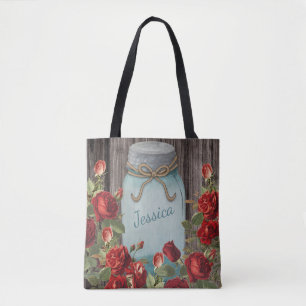 Tote Bag Nom floral rustique bleu vintage de pot de maçon