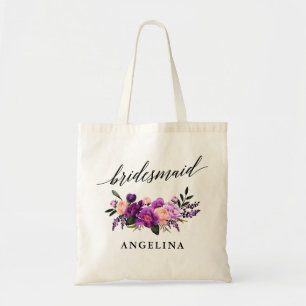 Tote Bag Nom floral violet pourpre de demoiselle d'honneur