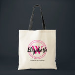 Tote Bag Nom initial du script Chic Hot Pink<br><div class="desc">Simple sac fourre-tout est personnalisé avec votre prénom sur votre prénom ou votre prénom initial entouré de cercles roses chauds et votre nom complet ci-dessous. Idéal pour vous-même,  pour vos demoiselles d'honneur,  club de livres ou cadeaux d'anniversaire. PLUS de couleurs dans notre magasin.</div>