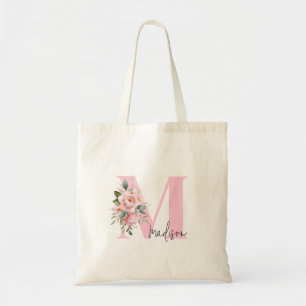 Tote Bag Nom initial élégant moderne Pink Floral Monogramme