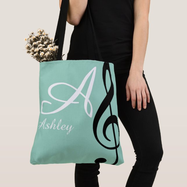 Tote Bag Nom, initiale et noire clé triée musique turquoise (De près)