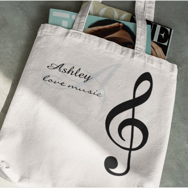 Tote Bag nom, initiale et noire de la clef (🖤 music)
