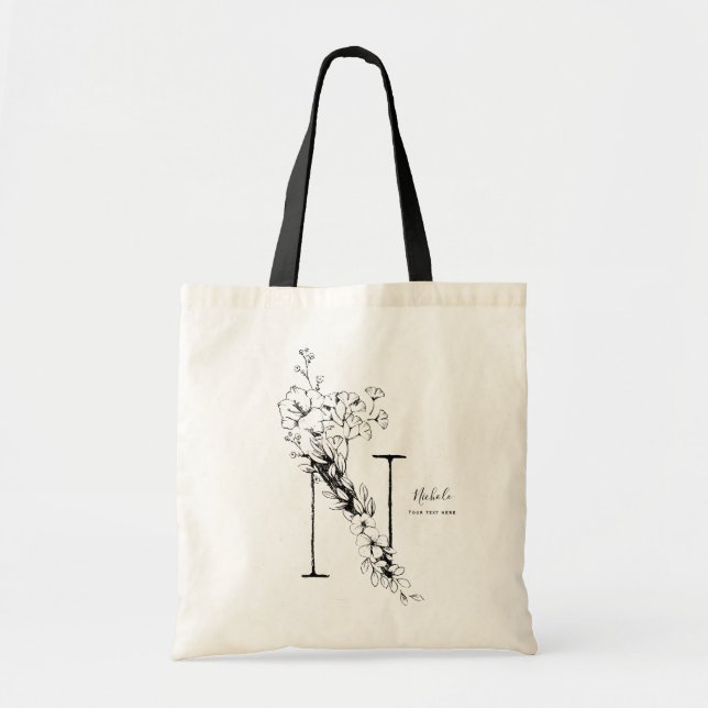 Tote Bag Nom Lettre initiale N floral rustique personnalisé (Devant)