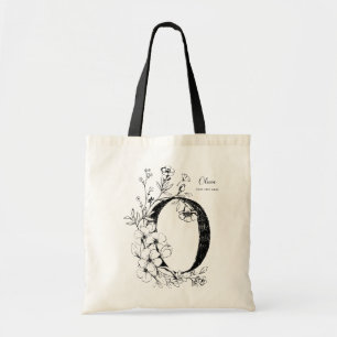 Tote Bag Nom Lettre initiale N floral rustique personnalisé