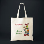Tote Bag Nom mignon de coutume de cartable de bibliothèque<br><div class="desc">Ce sac comporte une image d'une fille s'asseyant sur une pile de livres de bibliothèque. Customisez-le avec un nom sur le dessus.</div>
