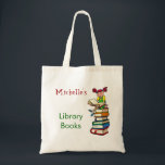 Tote Bag Nom mignon de coutume de cartable de bibliothèque<br><div class="desc">Ce sac comporte une image d'une fille s'asseyant sur une pile de livres de bibliothèque. Customisez-le avec un nom sur le dessus.</div>