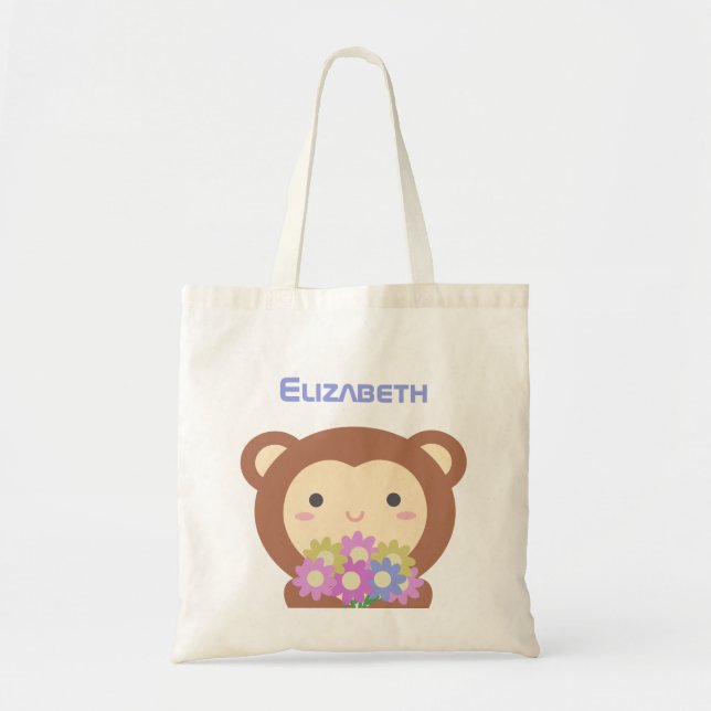 Tote Bag Nom mignon Kawaii Singe et Fleurs rose violet (Devant)