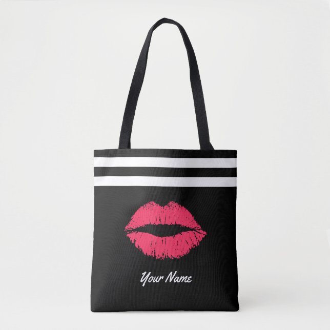 Tote Bag Nom moderne de coutume de rayures de lèvres rouges (Devant)