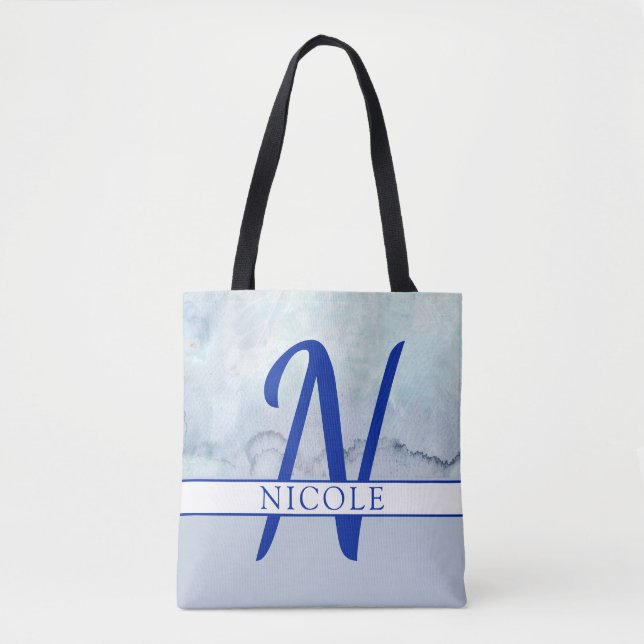 Tote Bag Nom/Monogramme Aquarelle bleue (Devant)