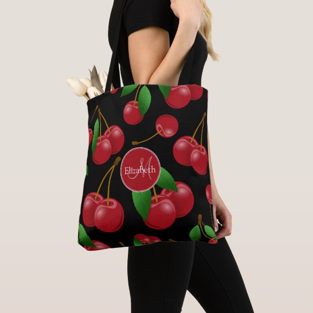 Tote Bag nom monogramme cerises d'été doux à motifs (De près)
