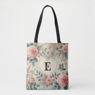 Tote Bag Nom monogramme Coeurs romantiques vintages rose fl