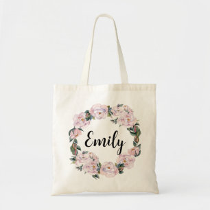 Tote Bag Nom monogramme de demoiselle d'honneur floral rose