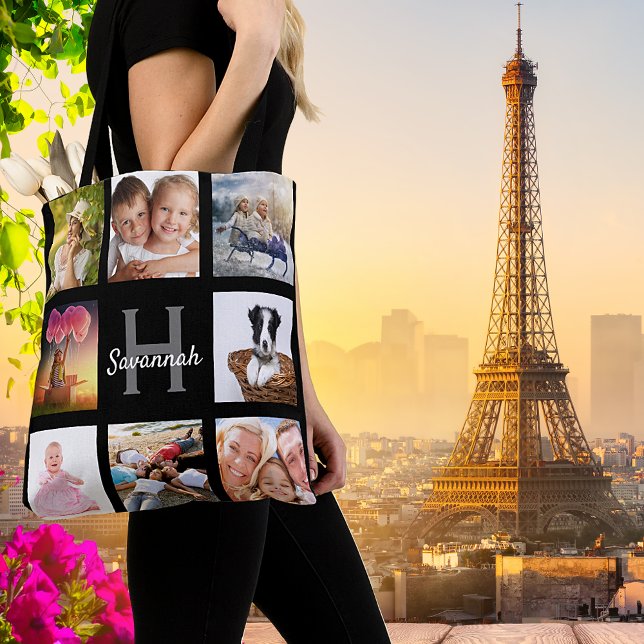 Tote Bag Nom monogramme du collage photo noir (Créateur téléchargé)