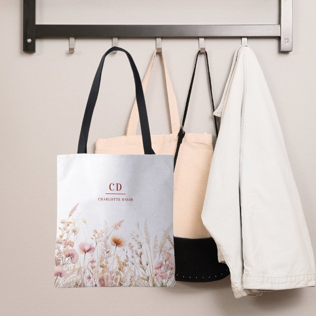 Tote Bag Nom monogramme fleur sauvage beige rose (Créateur téléchargé)