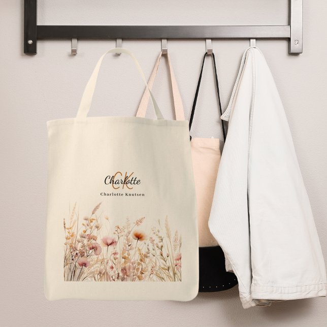 Tote Bag Nom monogramme fleur sauvage beige rose (Créateur téléchargé)