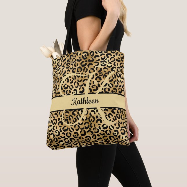 Tote Bag Nom Monogramme Imprimé Léopard Noir Or Demoiselle  (De près)