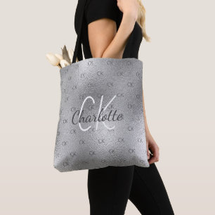 Tote Bag Nom monogramme moderne argent