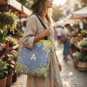 Tote Bag Nom Monogramme Paillettes Brillantes Faux Or Bleu