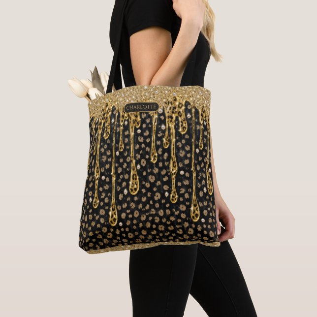 Tote Bag Nom Monogramme Paillettes Noires Dorées Glamour  (De près)