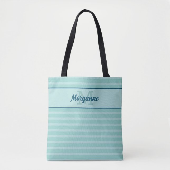 Tote Bag Nom monogramme personnalisé motif à bandes turquoi (Devant)