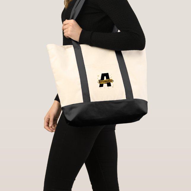 Tote Bag Nom monogramme personnalisé noir blanc or (Devant (produit))