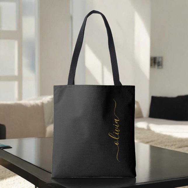 Tote Bag Nom Or Noir Monogramme Féminin Moderne Script Blan (Créateur téléchargé)
