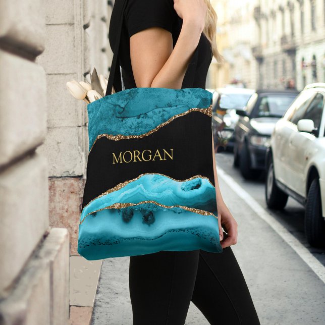 Tote Bag Nom Or sur Agate Noir, Or et Turquoise (Créateur téléchargé)